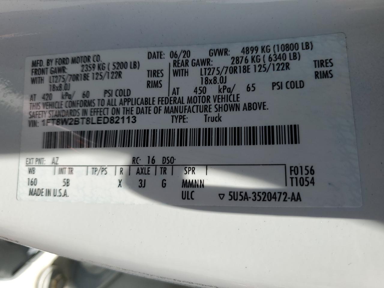 2020 Ford Super Duty F-250 W/S VIN: 1FT8W2BT8LED82113 Lot: 59777345