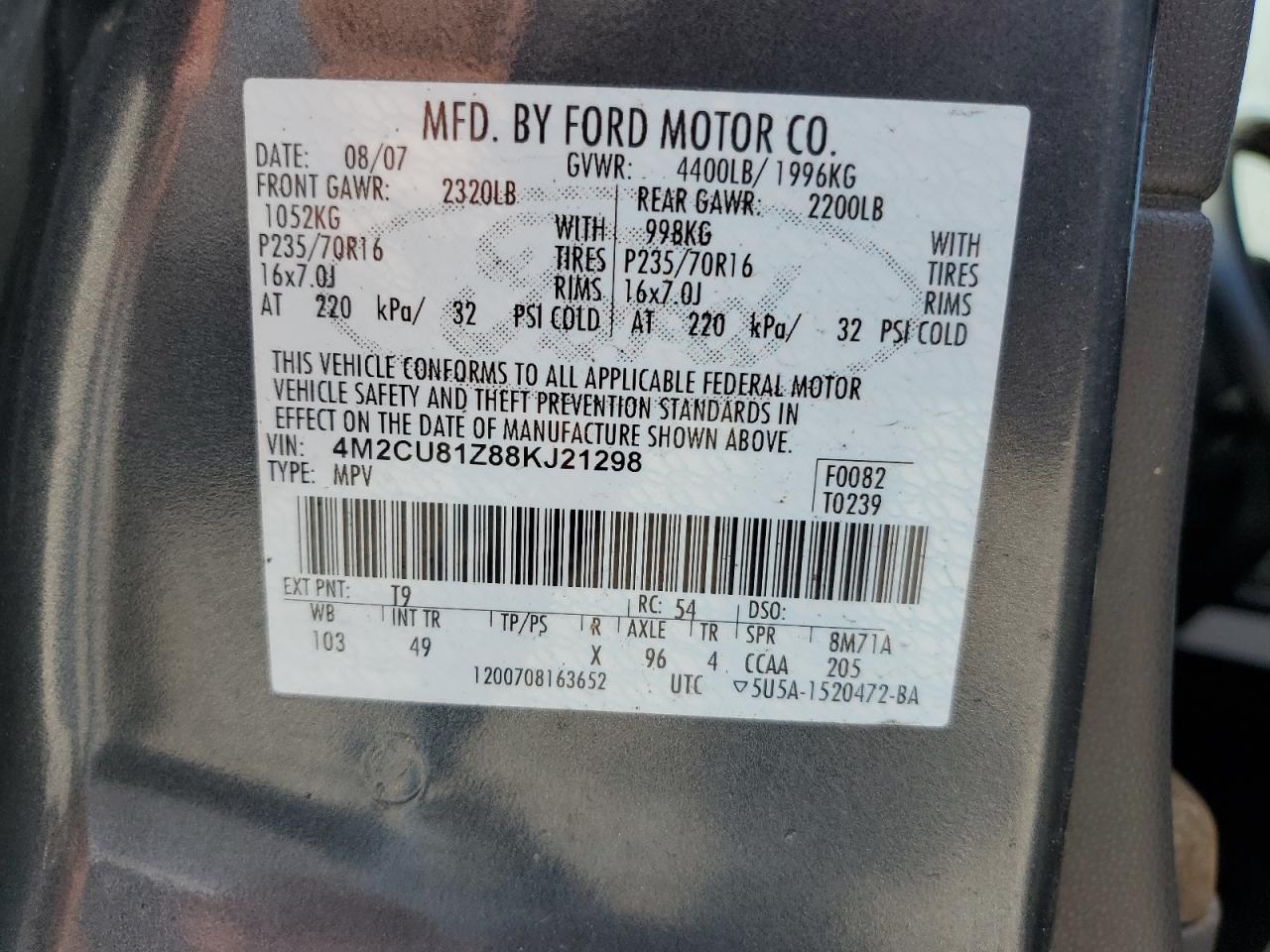 2008 Mercury Mariner VIN: 4M2CU81Z88KJ21298 Lot: 63777705