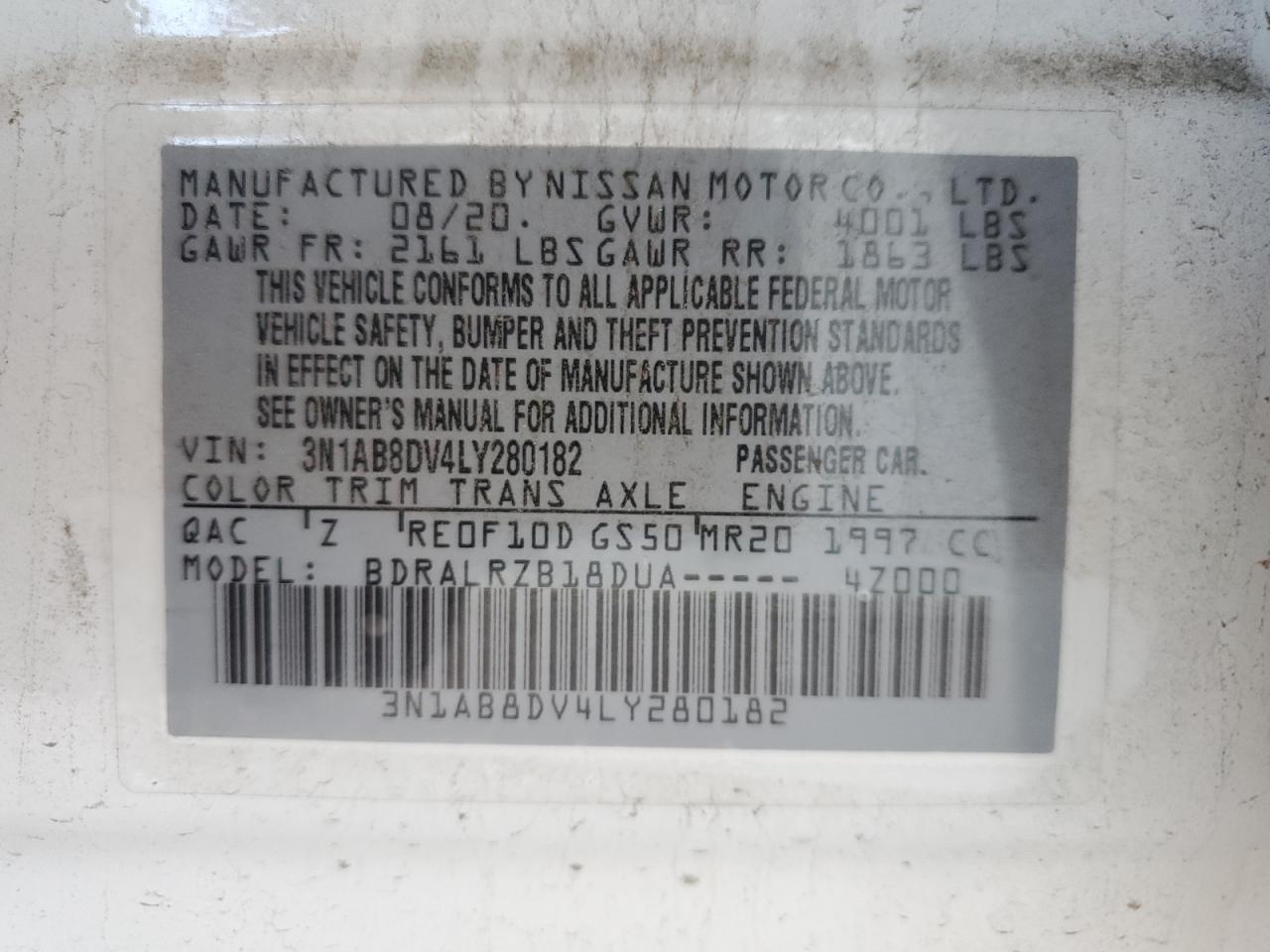 2020 Nissan Sentra Sr VIN: 3N1AB8DV4LY280182 Lot: 64336735
