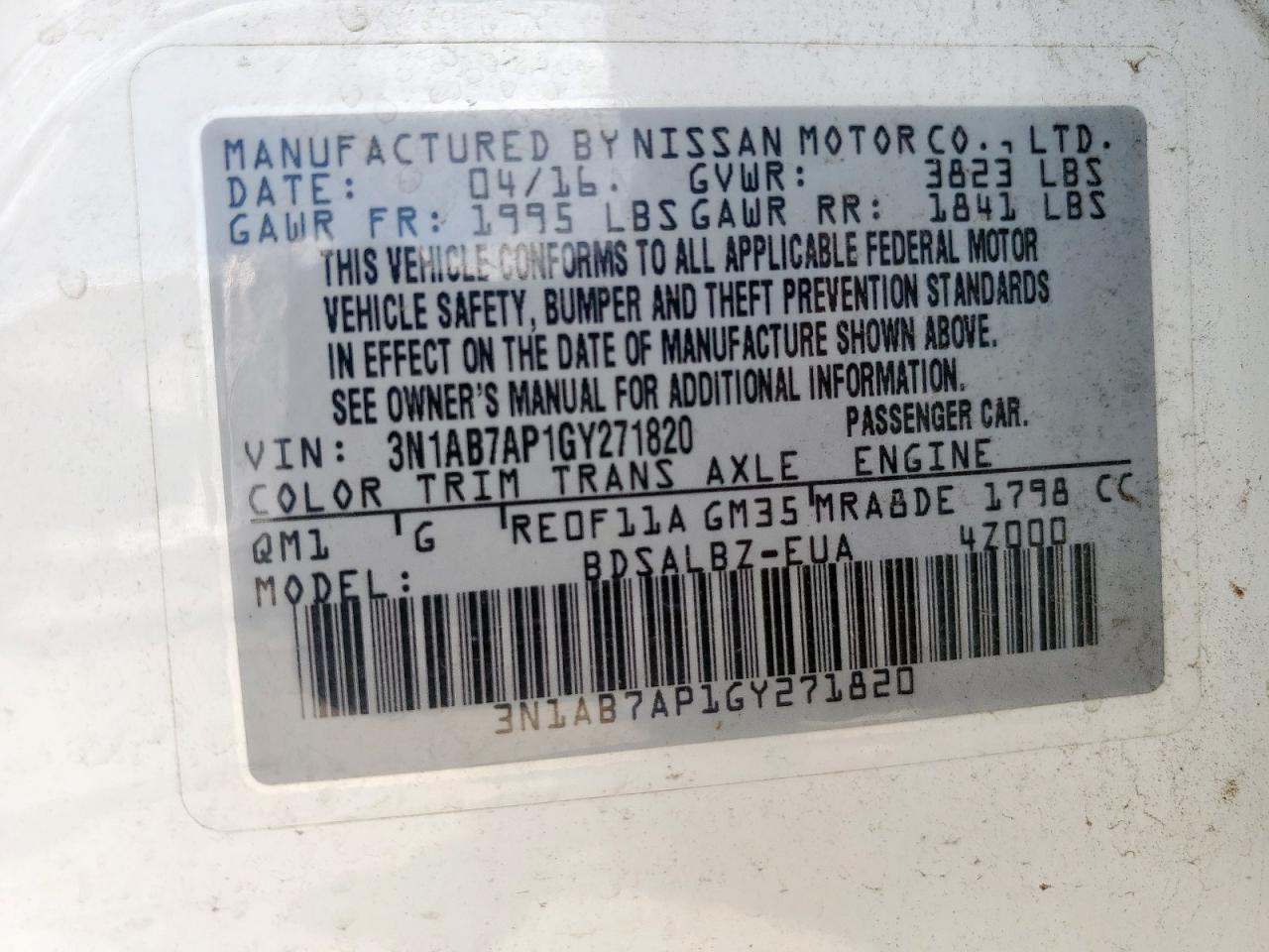 2016 Nissan Sentra S VIN: 3N1AB7AP1GY271820 Lot: 65055295