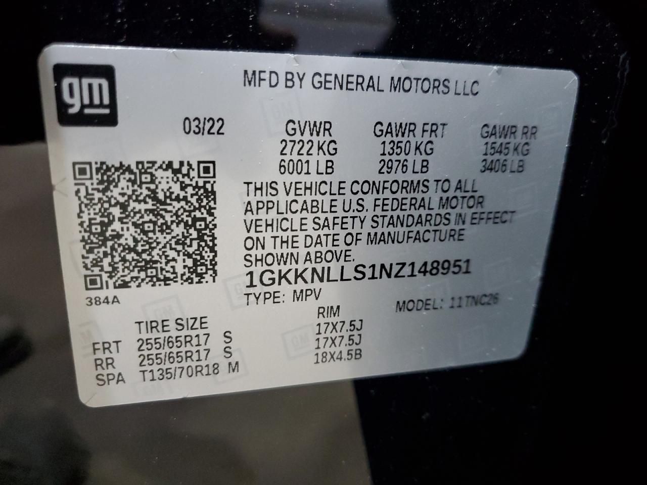 1gkknlls1nz148951 1GKKNLLS1NZ148951 2022 GMC Acadia At4