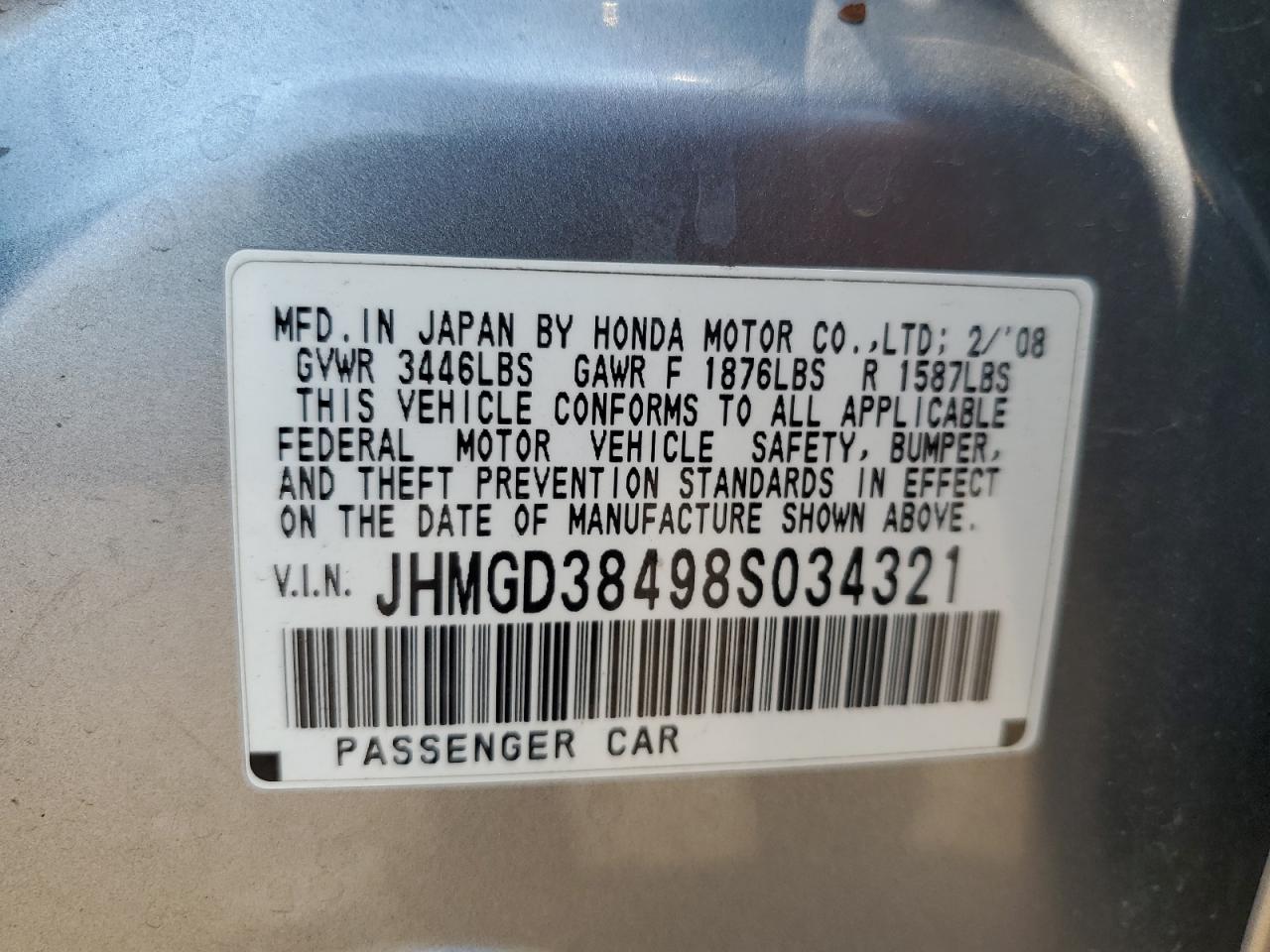2008 Honda Fit VIN: JHMGD38498S034321 Lot: 64650435