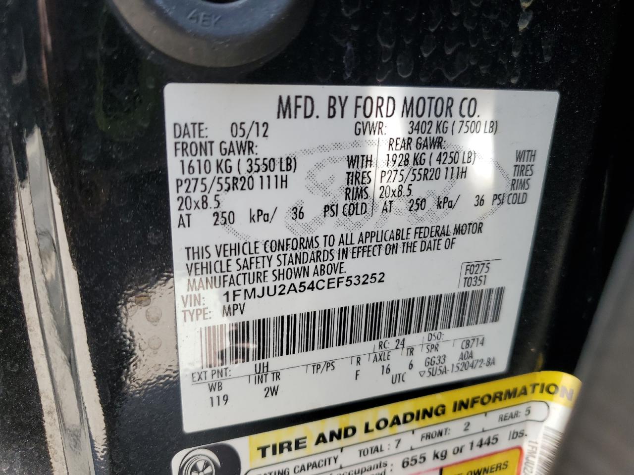 2012 Ford Expedition Limited VIN: 1FMJU2A54CEF53252 Lot: 63796995