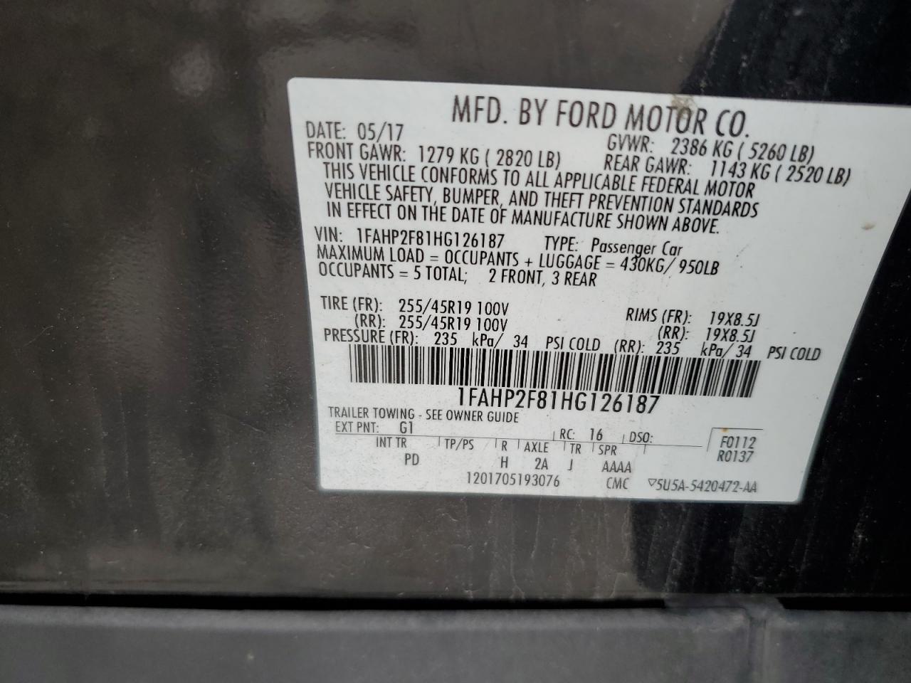 2017 Ford Taurus Limited VIN: 1FAHP2F81HG126187 Lot: 65417865