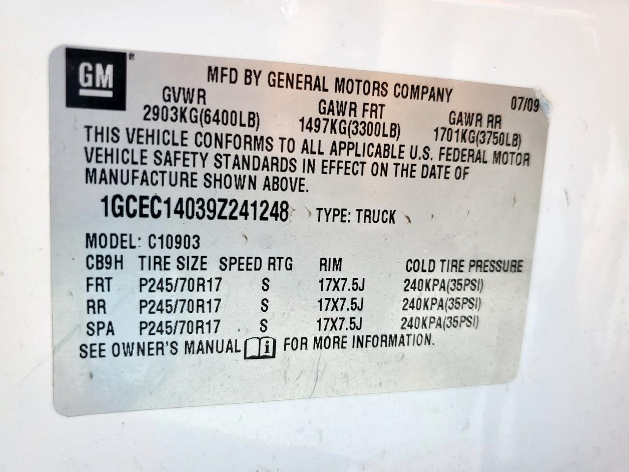2009 Chevrolet Silverado C1500 VIN: 1GCEC14039Z241248 Lot: 64387015