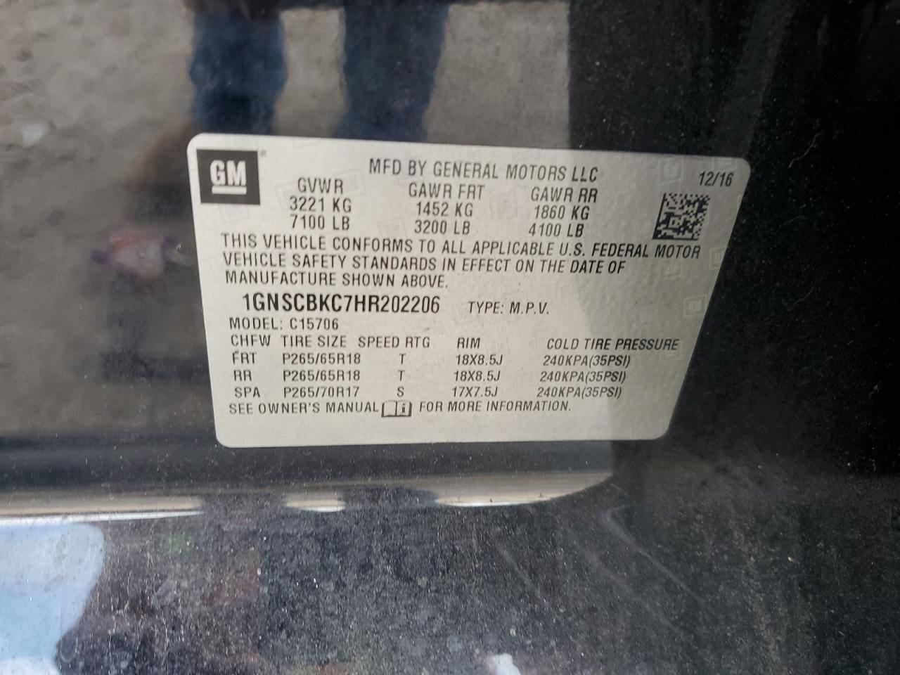 2017 Chevrolet Tahoe C1500 Lt VIN: 1GNSCBKC7HR202206 Lot: 65991825