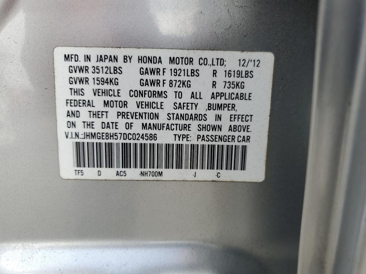2013 Honda Fit Sport VIN: JHMGE8H57DC024586 Lot: 64170045
