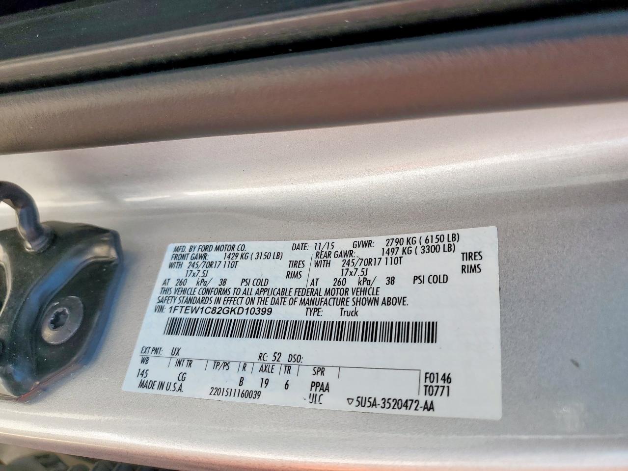 2016 Ford F150 Supercrew VIN: 1FTEW1C82GKD10399 Lot: 66616755