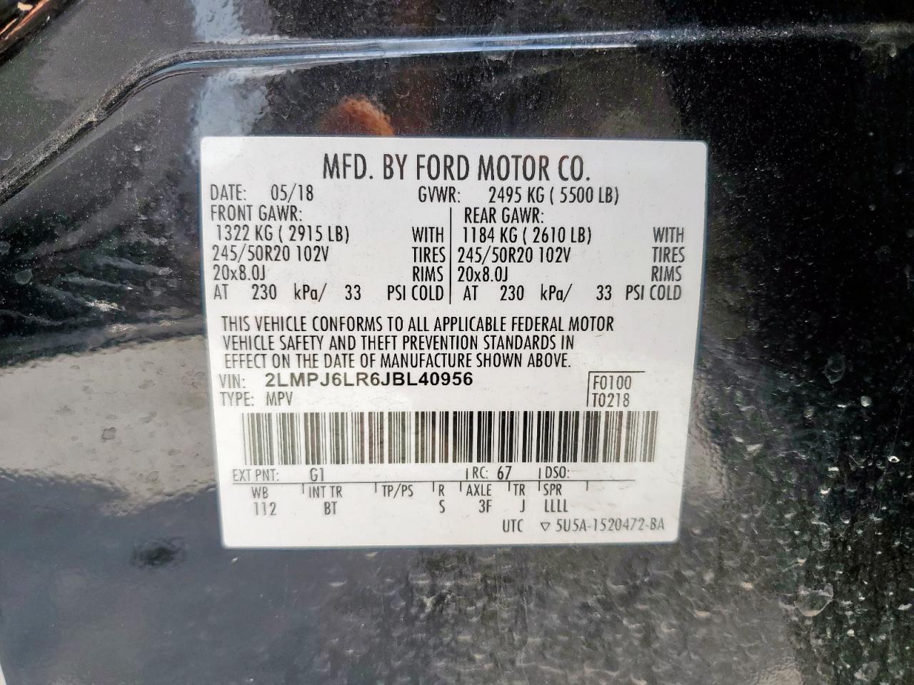 2018 Lincoln Mkx Reserve VIN: 2LMPJ6LR6JBL40956 Lot: 64649525