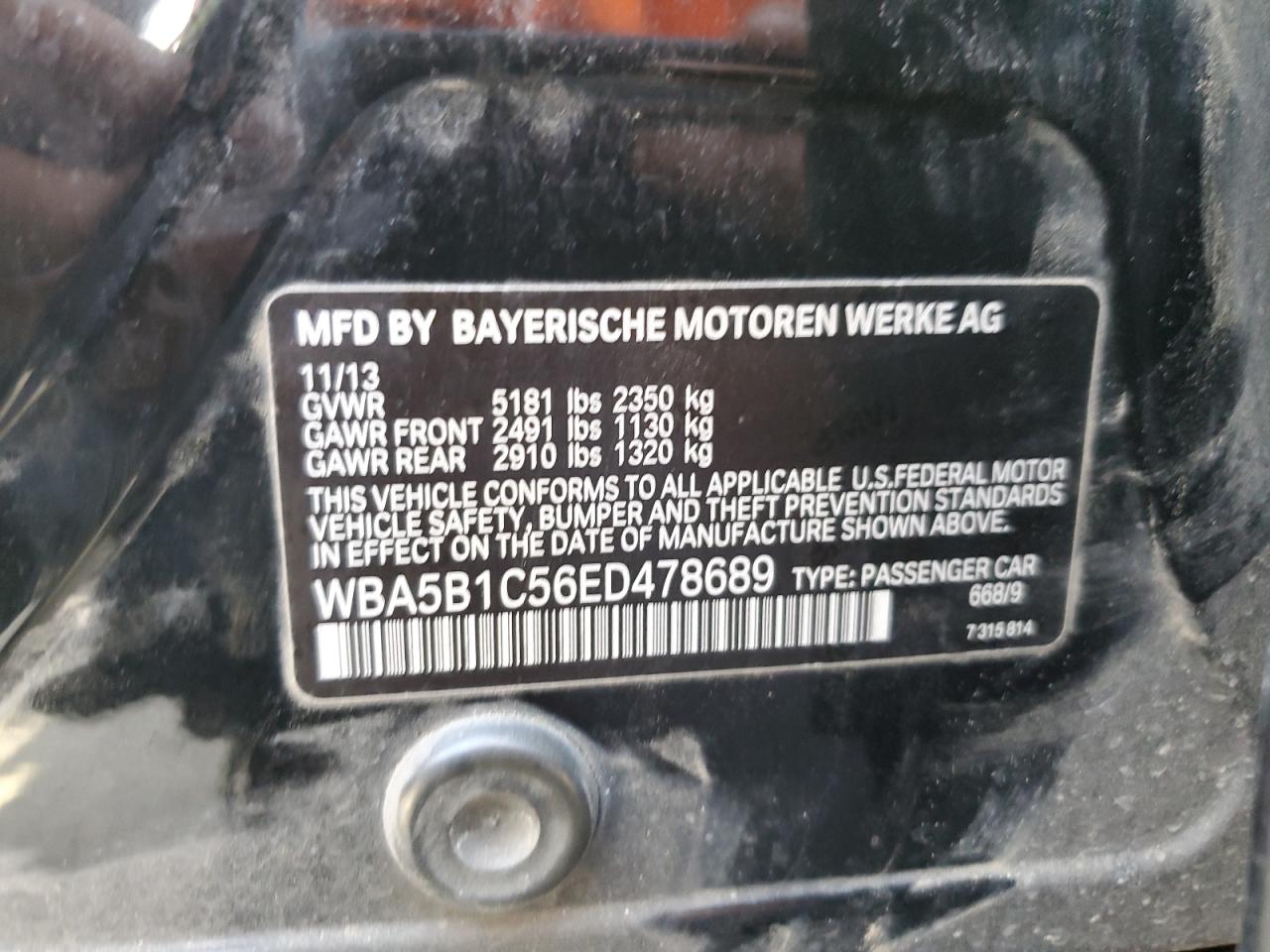 2014 BMW 535 I VIN: WBA5B1C56ED478689 Lot: 64695525