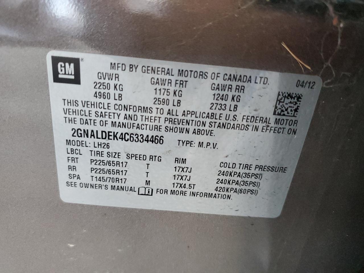 2012 Chevrolet Equinox Lt VIN: 2GNALDEK4C6334466 Lot: 64605495