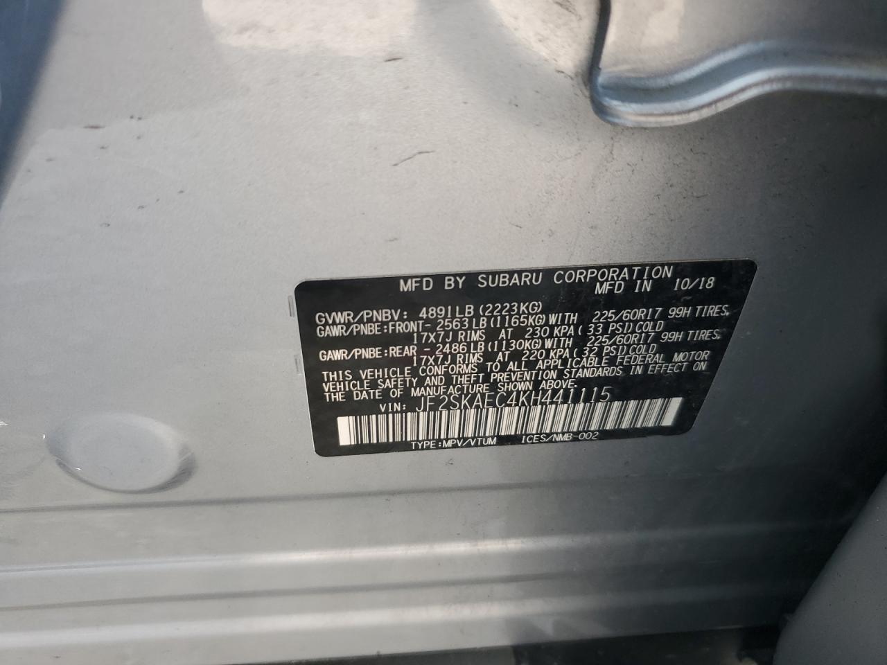 2019 Subaru Forester Premium VIN: JF2SKAEC4KH441115 Lot: 64667605