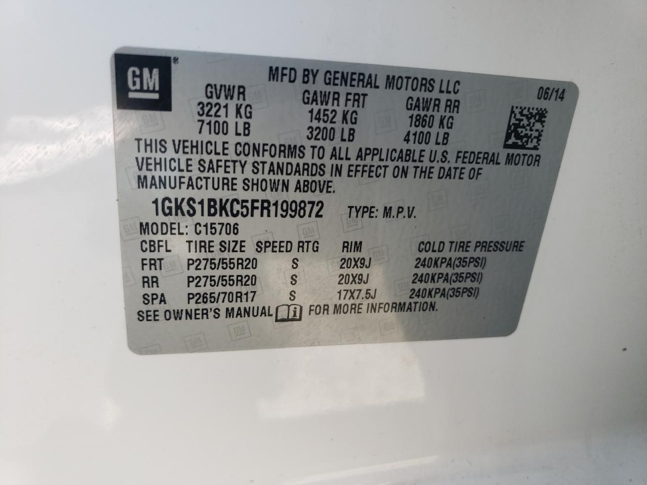 2015 GMC Yukon Slt VIN: 1GKS1BKC5FR199872 Lot: 63020695