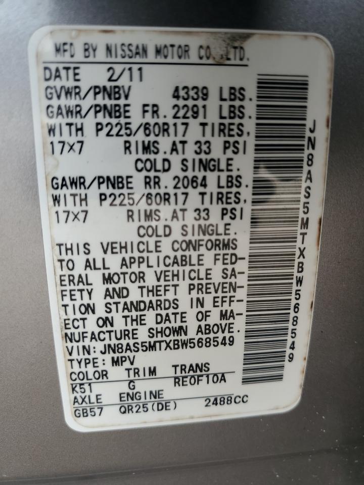 2011 Nissan Rogue S VIN: JN8AS5MTXBW568549 Lot: 65261325