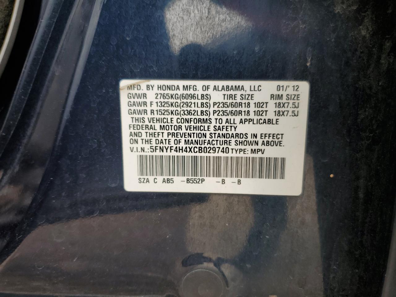 2012 Honda Pilot Ex VIN: 5FNYF4H4XCB029740 Lot: 65322955