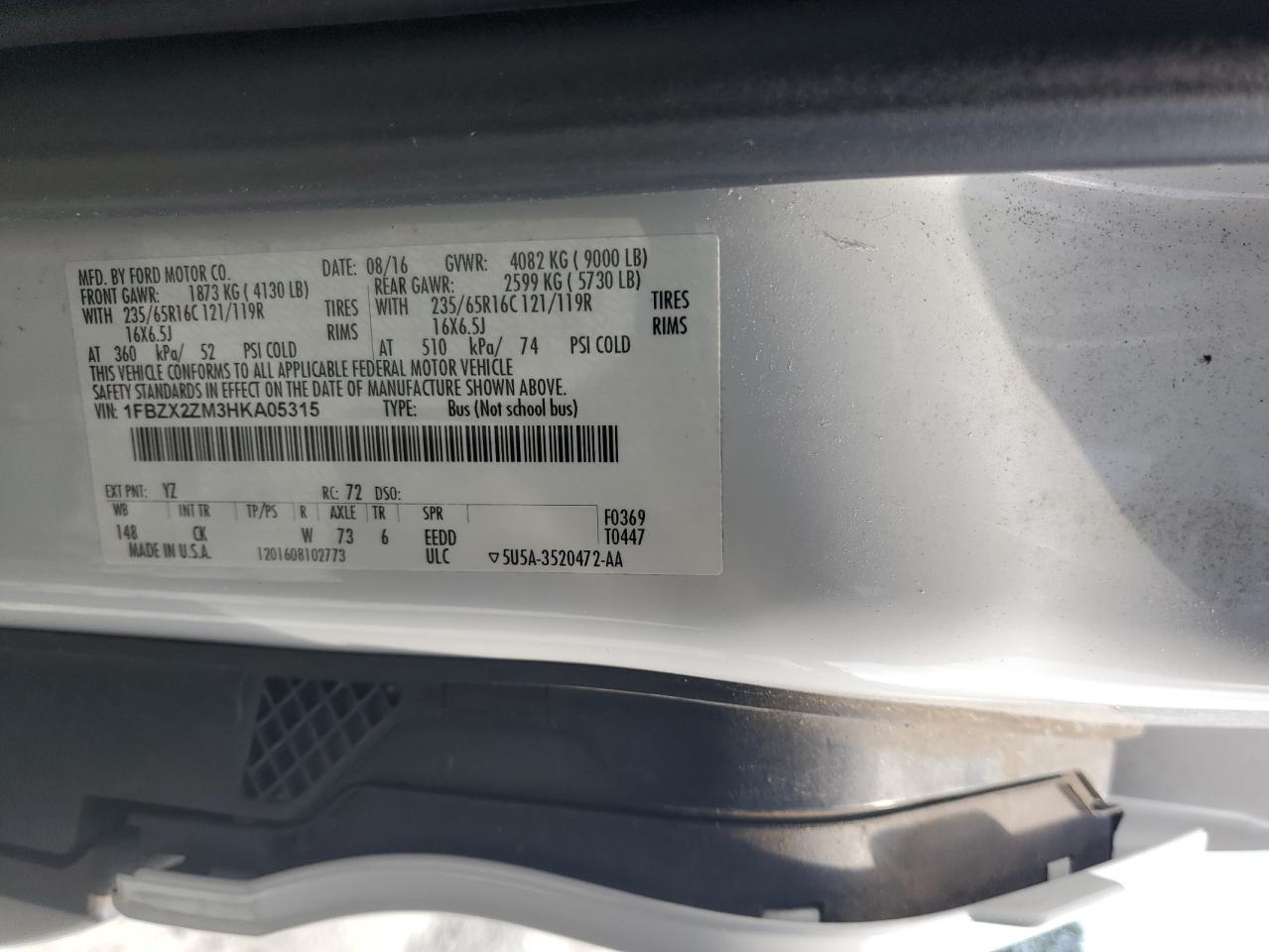 2017 Ford Transit T-350 VIN: 1FBZX2ZM3HKA05315 Lot: 66836585