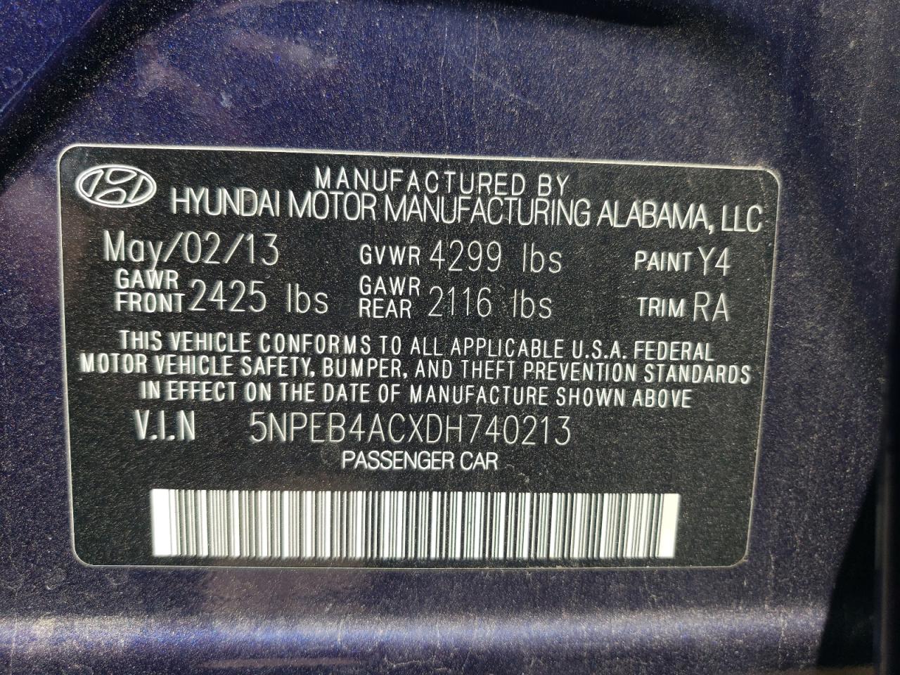 2013 Hyundai Sonata Gls VIN: 5NPEB4ACXDH740213 Lot: 63618735