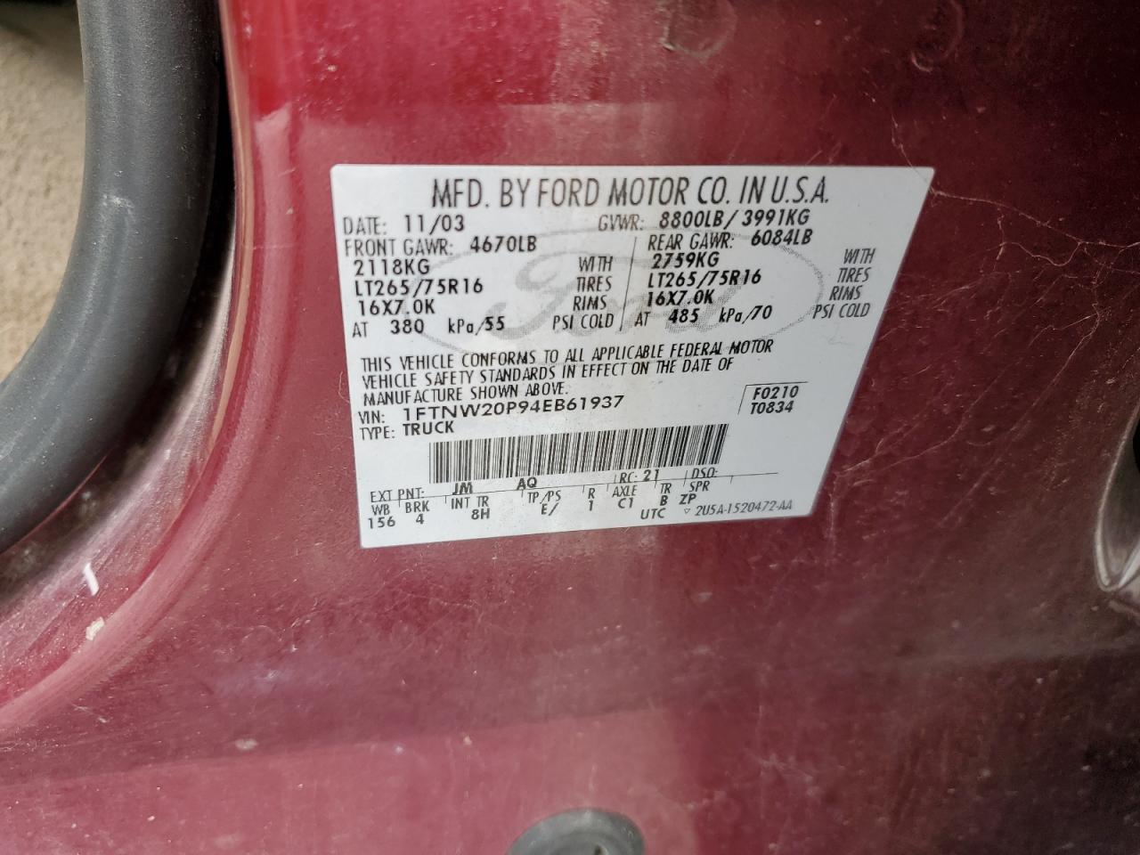 2004 Ford F250 Super Duty VIN: 1FTNW20P94EB61937 Lot: 65313625