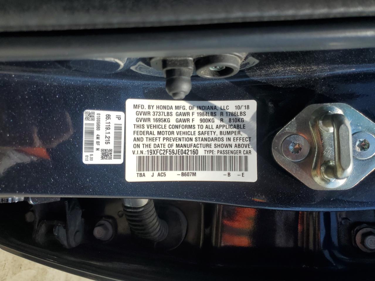 2018 Honda Civic Lx VIN: 19XFC2F59JE042160 Lot: 64802555