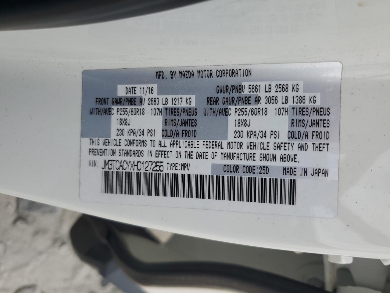2017 Mazda Cx-9 Touring VIN: JM3TCACYXH0127255 Lot: 63763315
