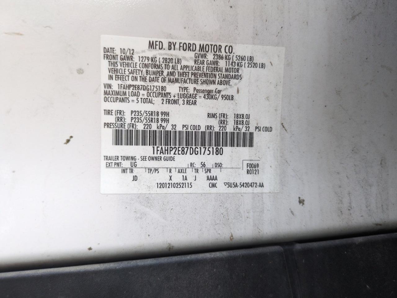 2013 Ford Taurus Sel VIN: 1FAHP2E87DG175180 Lot: 62793735