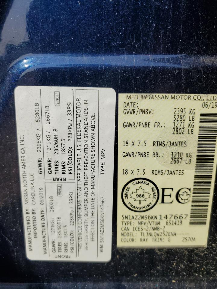 2019 Nissan Murano S VIN: 5N1AZ2MS6KN147667 Lot: 65435045