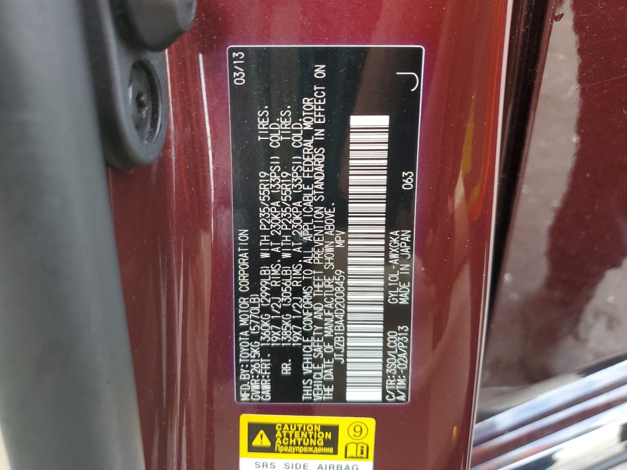 2013 Lexus Rx 450H VIN: JTJZB1BA4D2008459 Lot: 63410825