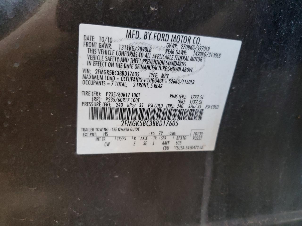 2011 Ford Flex Se VIN: 2FMGK5BC3BBD17605 Lot: 63237985