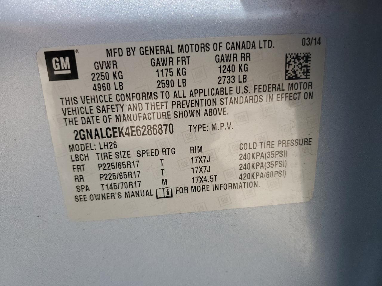 2014 Chevrolet Equinox Lt VIN: 2GNALCEK4E6286870 Lot: 65542815