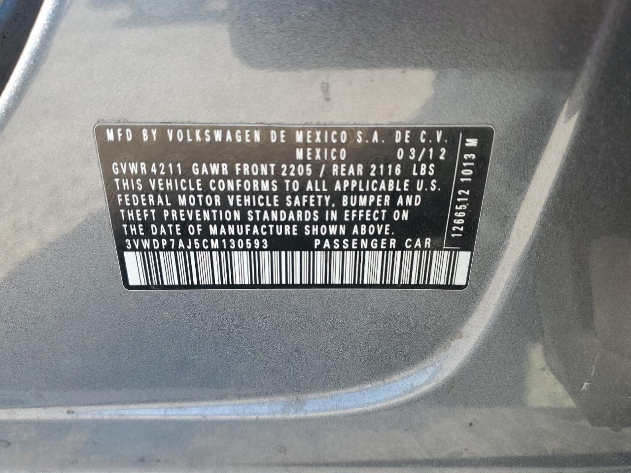 2012 Volkswagen Jetta Se VIN: 3VWDP7AJ5CM130593 Lot: 65083525