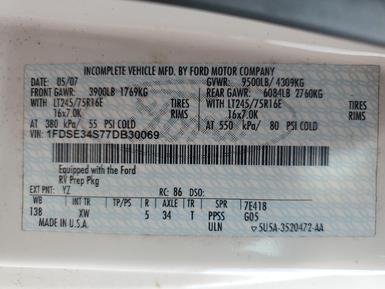 2007 Ford Econoline E350 Super Duty Van VIN: 1FDSE34S77DB30069 Lot: 64265385