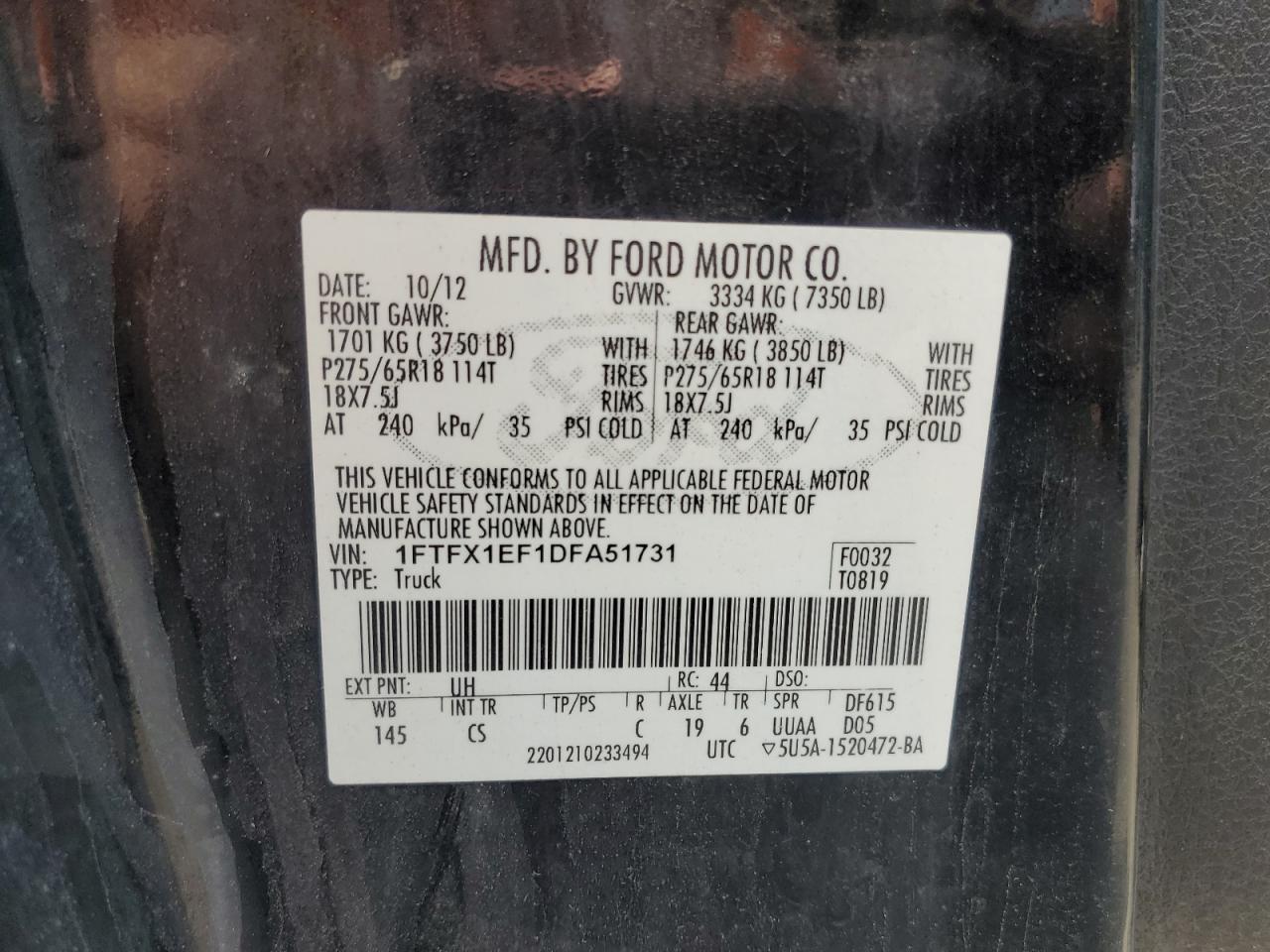 2013 Ford F150 Super Cab VIN: 1FTFX1EF1DFA51731 Lot: 65019655