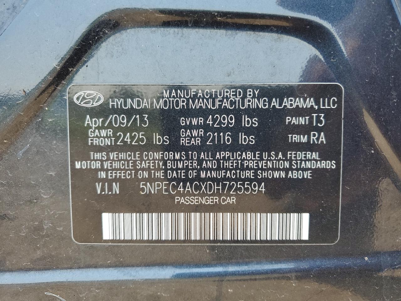 2013 Hyundai Sonata Se VIN: 5NPEC4ACXDH725594 Lot: 64565265