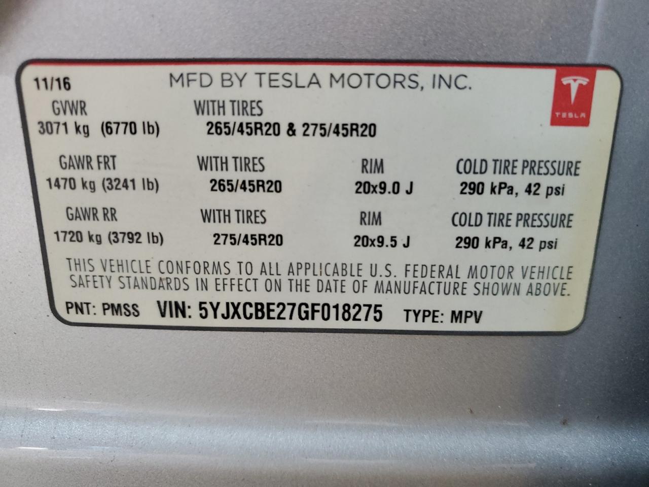 2016 Tesla Model X VIN: 5YJXCBE27GF018275 Lot: 72080015
