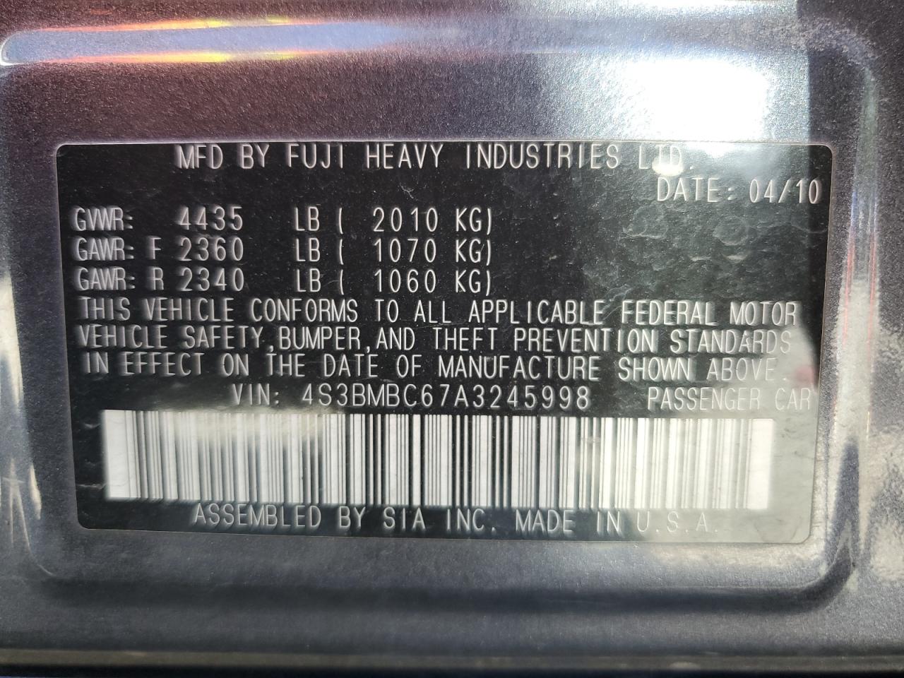2010 Subaru Legacy 2.5I Premium VIN: 4S3BMBC67A3245998 Lot: 64991555