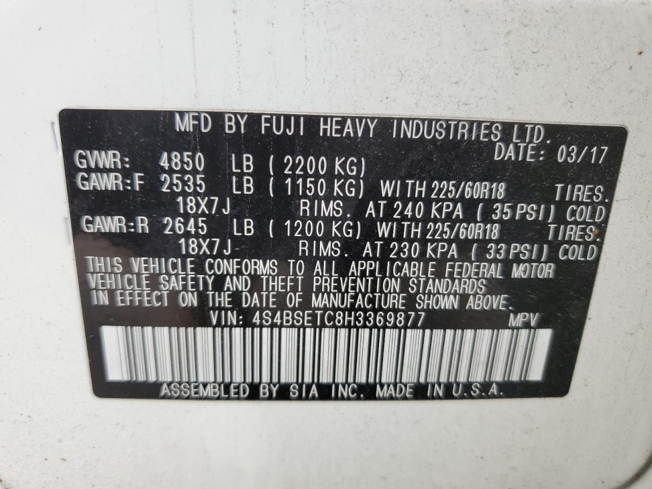 2017 Subaru Outback Touring VIN: 4S4BSETC8H3369877 Lot: 66009215