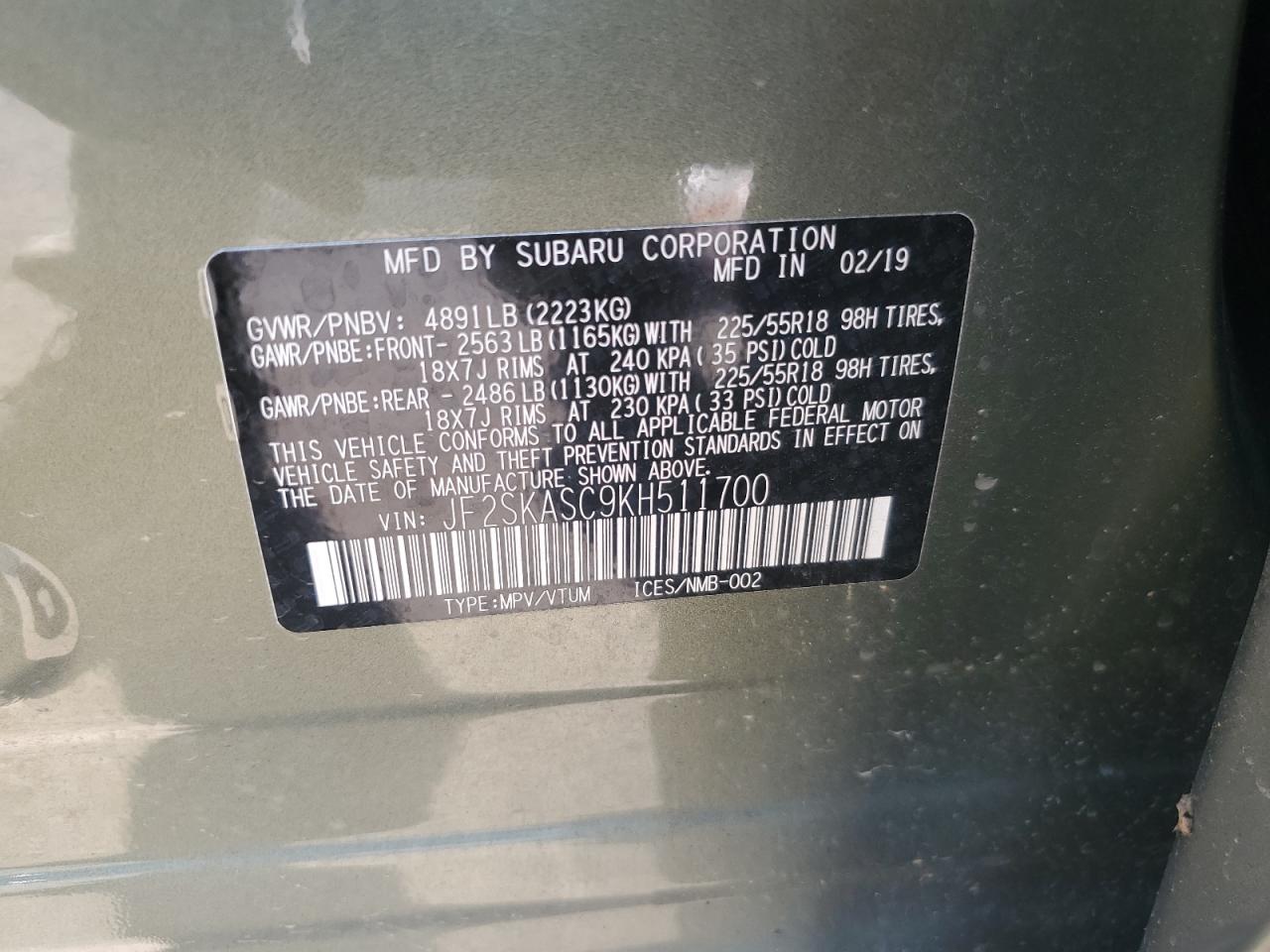 2019 Subaru Forester Limited VIN: JF2SKASC9KH511700 Lot: 63537095