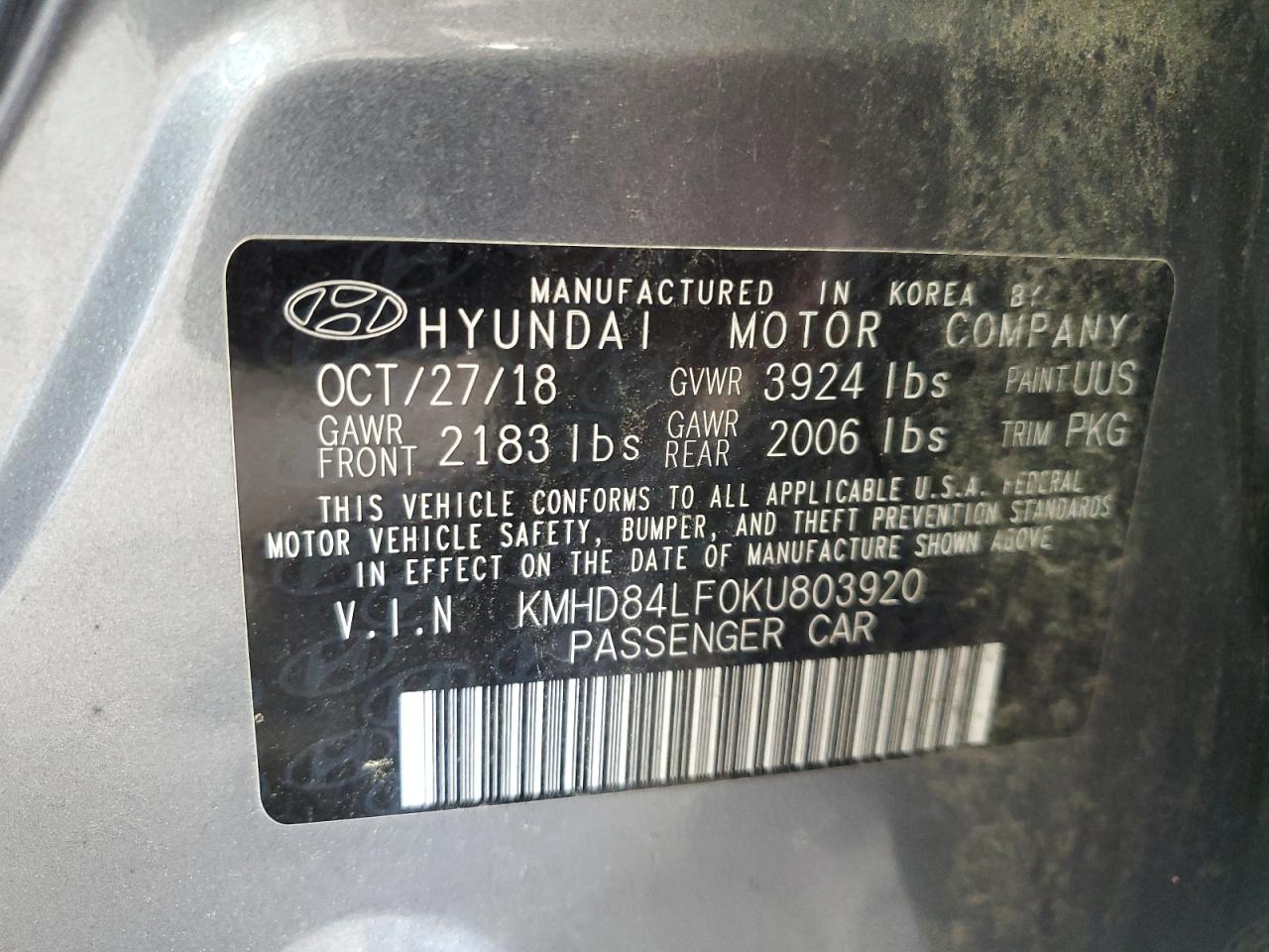 2019 Hyundai Elantra Sel VIN: KMHD84LF0KU803920 Lot: 64098395