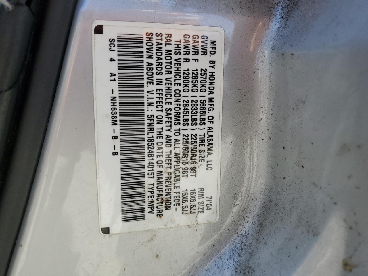 2004 Honda Odyssey Lx VIN: 5FNRL18524B140157 Lot: 63065325