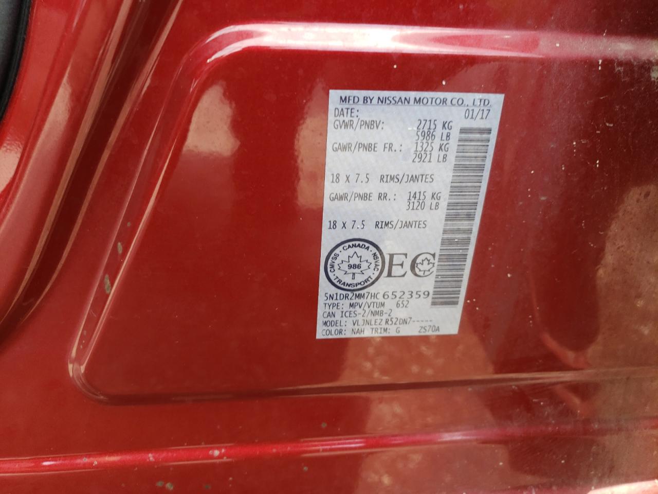2017 Nissan Pathfinder S VIN: 5N1DR2MM7HC652359 Lot: 64201145