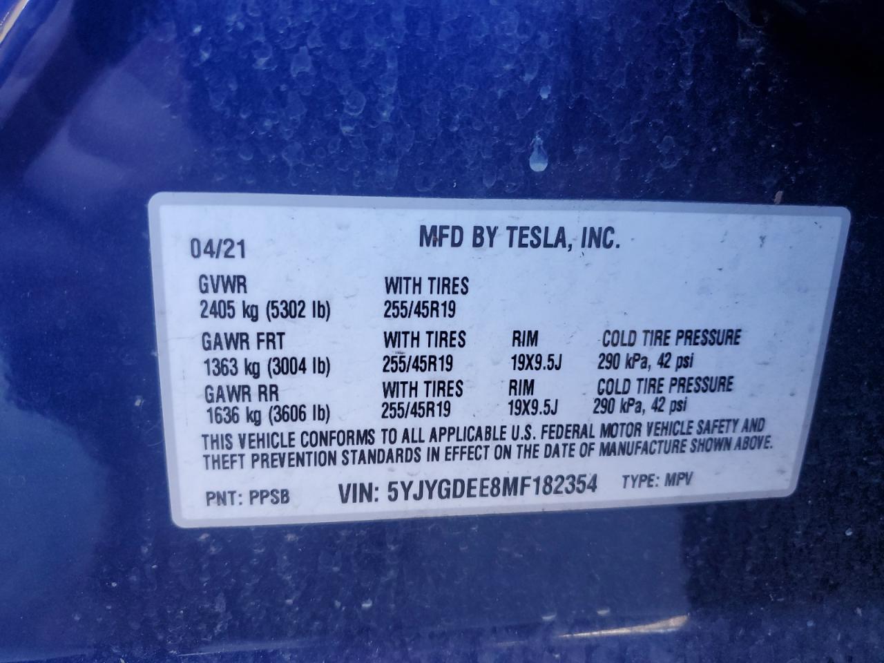 2021 Tesla Model Y VIN: 5YJYGDEE8MF182354 Lot: 63073365
