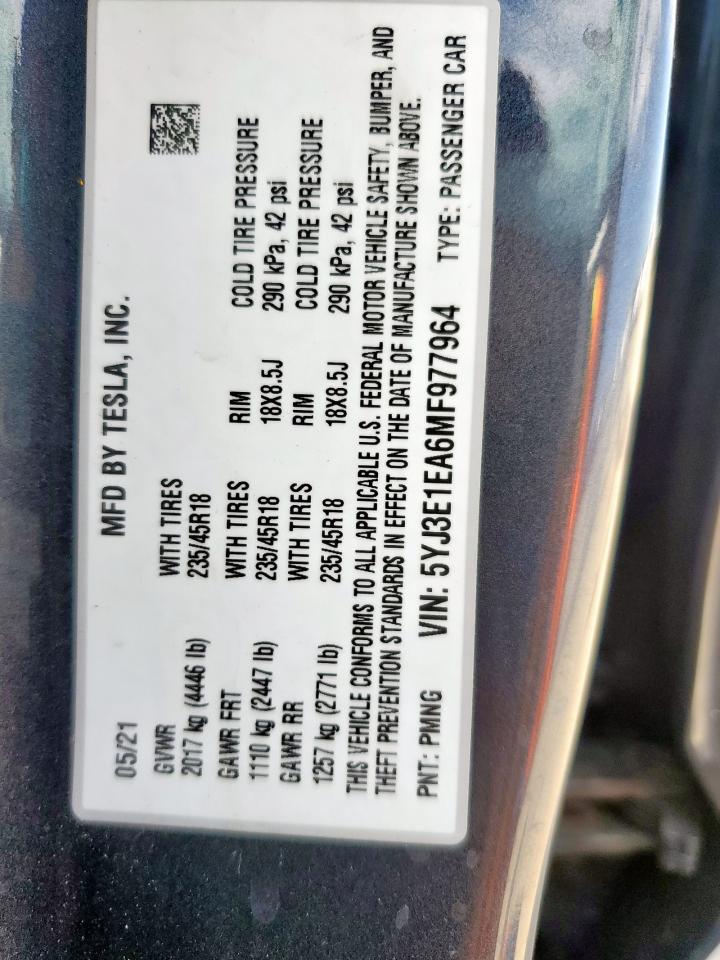 2021 Tesla Model 3 VIN: 5YJ3E1EA6MF977964 Lot: 63521685