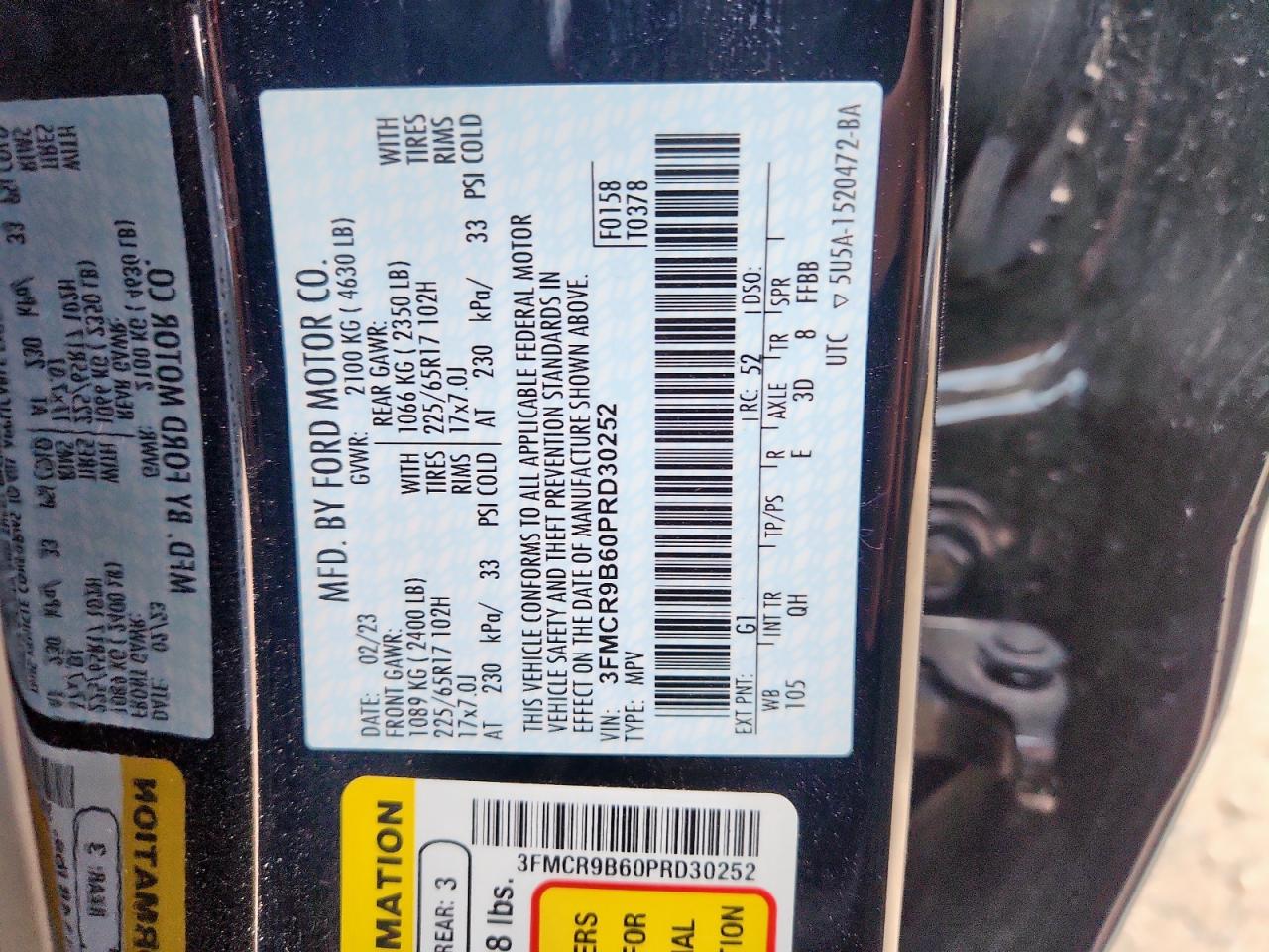 2023 Ford Bronco Sport Big Bend VIN: 3FMCR9B60PRD30252 Lot: 63475905
