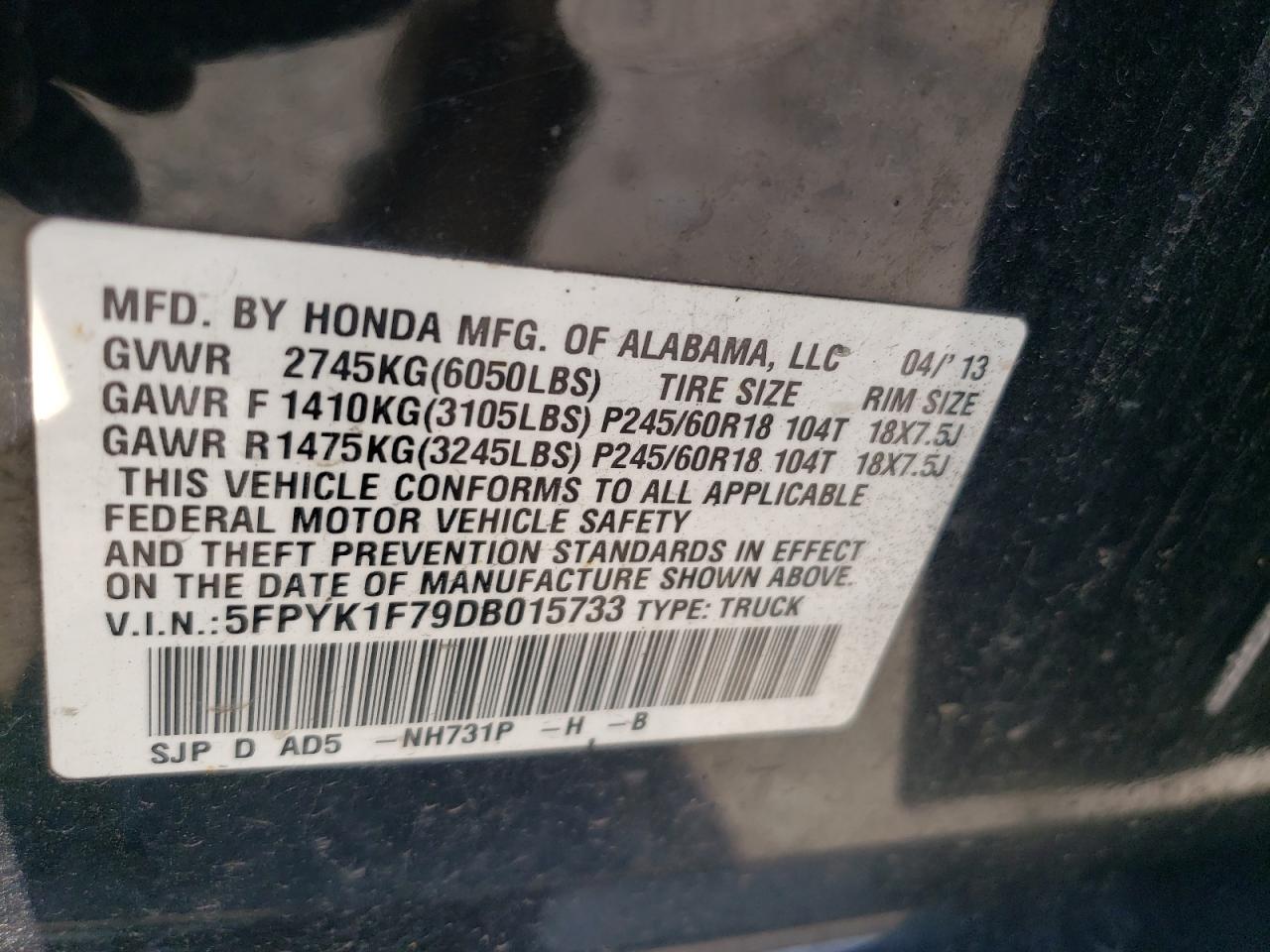 2013 Honda Ridgeline Sport VIN: 5FPYK1F79DB015733 Lot: 63485045