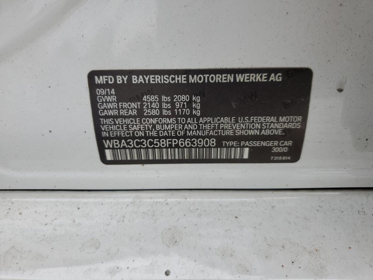 2015 BMW 320 I xDrive VIN: WBA3C3C58FP663908 Lot: 64276265