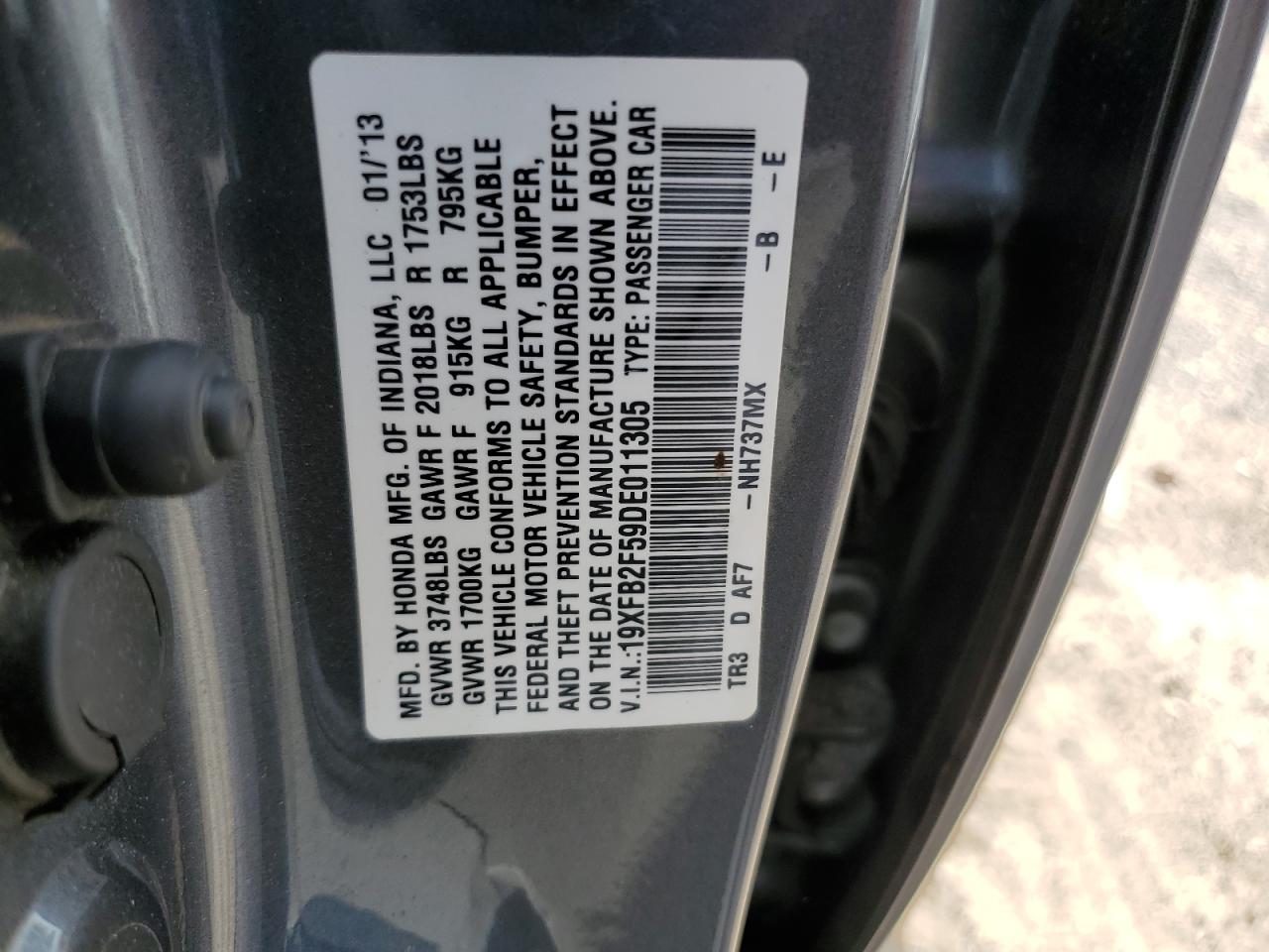 2013 Honda Civic Lx VIN: 19XFB2F59DE011305 Lot: 66467735