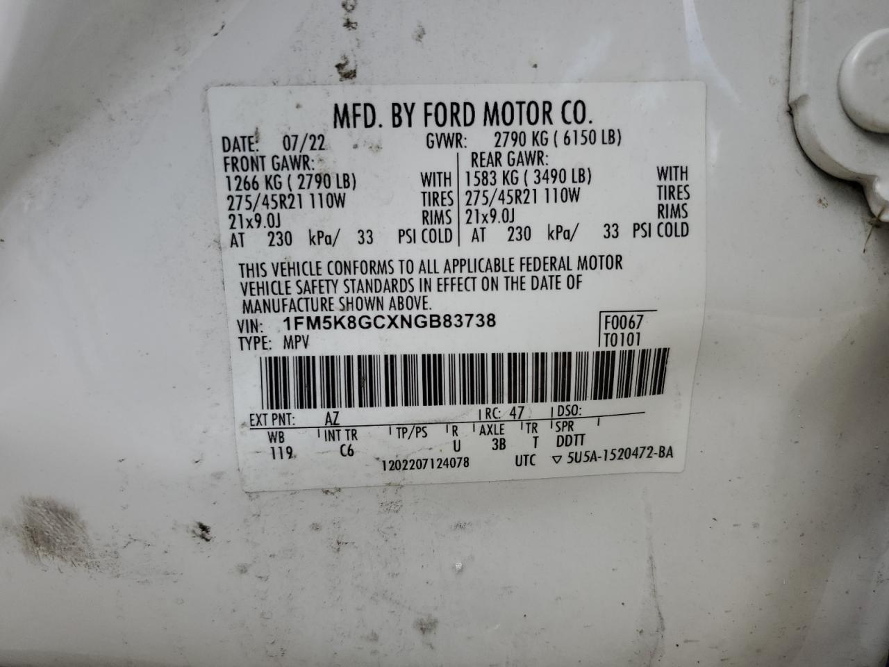 2022 Ford Explorer St VIN: 1FM5K8GCXNGB83738 Lot: 64640345