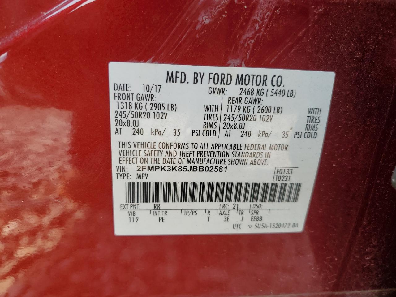 2018 Ford Edge Titanium VIN: 2FMPK3K85JBB02581 Lot: 64318875