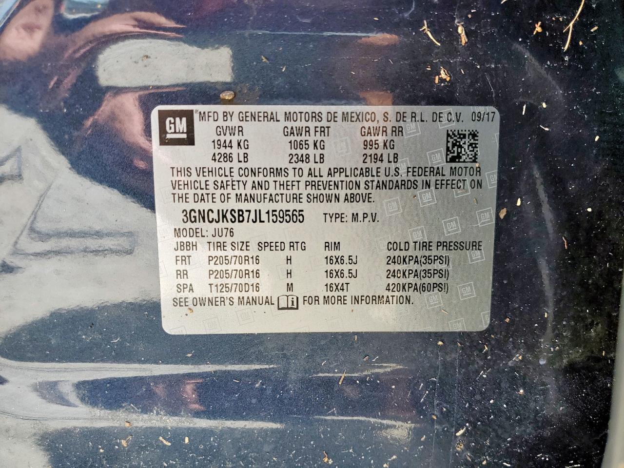 2018 Chevrolet Trax Ls VIN: 3GNCJKSB7JL159565 Lot: 65855065