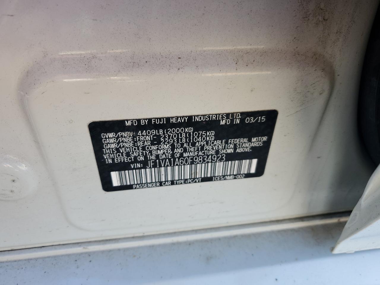 2015 Subaru Wrx VIN: JF1VA1A60F9834923 Lot: 63315975